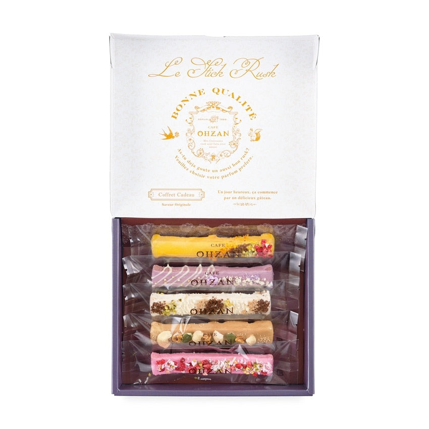 Le Stick Rusk box interior with gold emblem and wrapped rusks