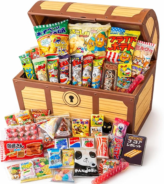 Dagashi Snacks Assorted, 66 Types of Snacks, Pirate Treasure Box, Bulk Treats for Kids and Adults, Birthday Gift, Candy Gift Set