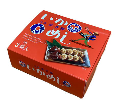 Ikameshi red gift box (3 bags) with traditional Japanese label and plated ikameshi illustration